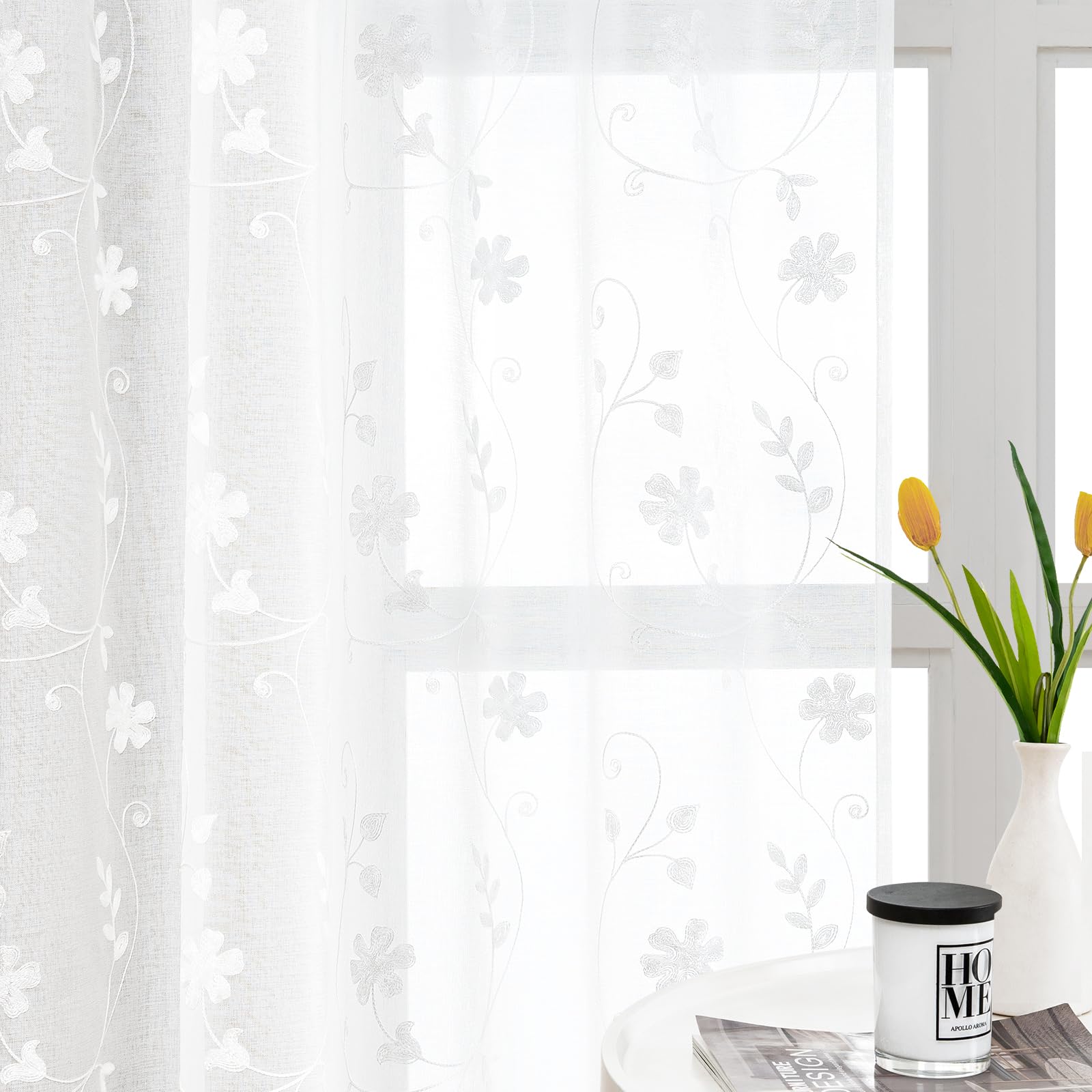 Homeideas White Sheer Curtains 84 Inches Long 2 Panels White Embroidered Floral Sheer Pattern Curtains Semi Sheer Window Curtains For Bedroom Living Room